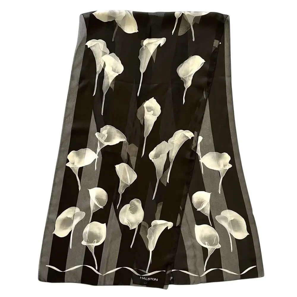 Vintage Halston Calla Lily Italian Striped Chiffon Opaque Monochrome Long Scarf